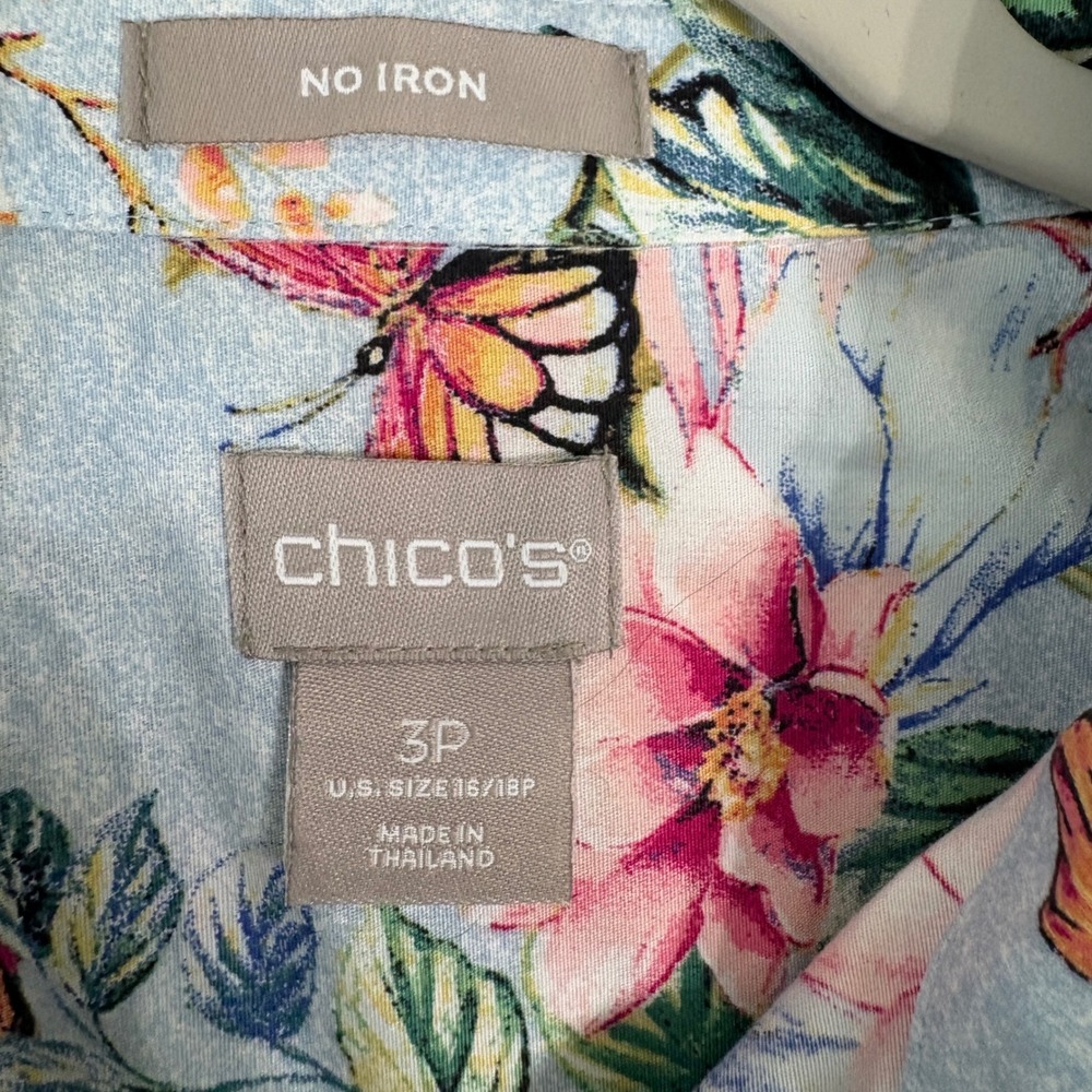 Chico's Button Down Shirt Sz 3P US 16/18P Blue Floral Butterfly No Iron High Low - Picture 5 of 8